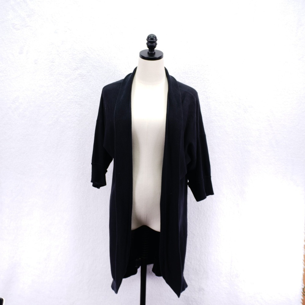 Dress Barn Woman -14/16- Black Open Long Cardigan Sweater Cotton Knit Ribbed